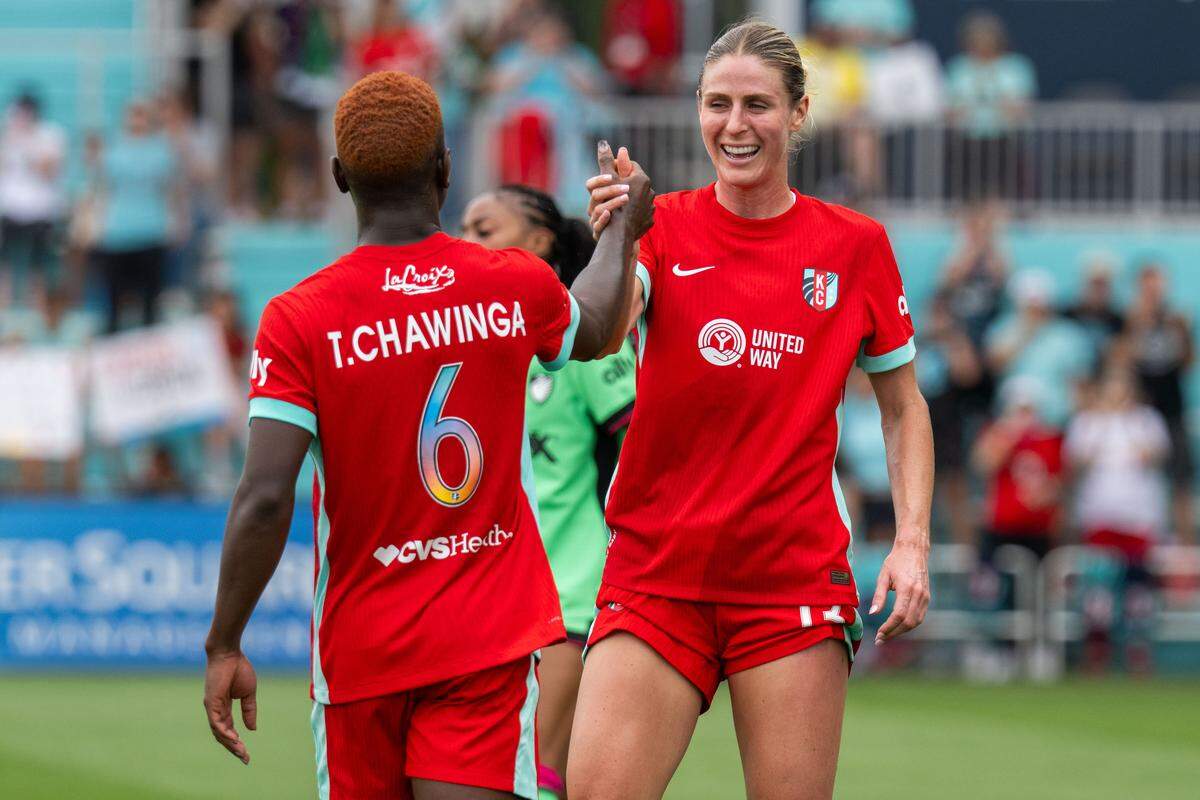Haley Hopkins (13) celebrates with fellow KC Current forward Temwa Chawinga after the team’s 1-0 win over the Boston Legacy on Saturday, May 30, 2026 at CPKC Stadium in Kansas City.