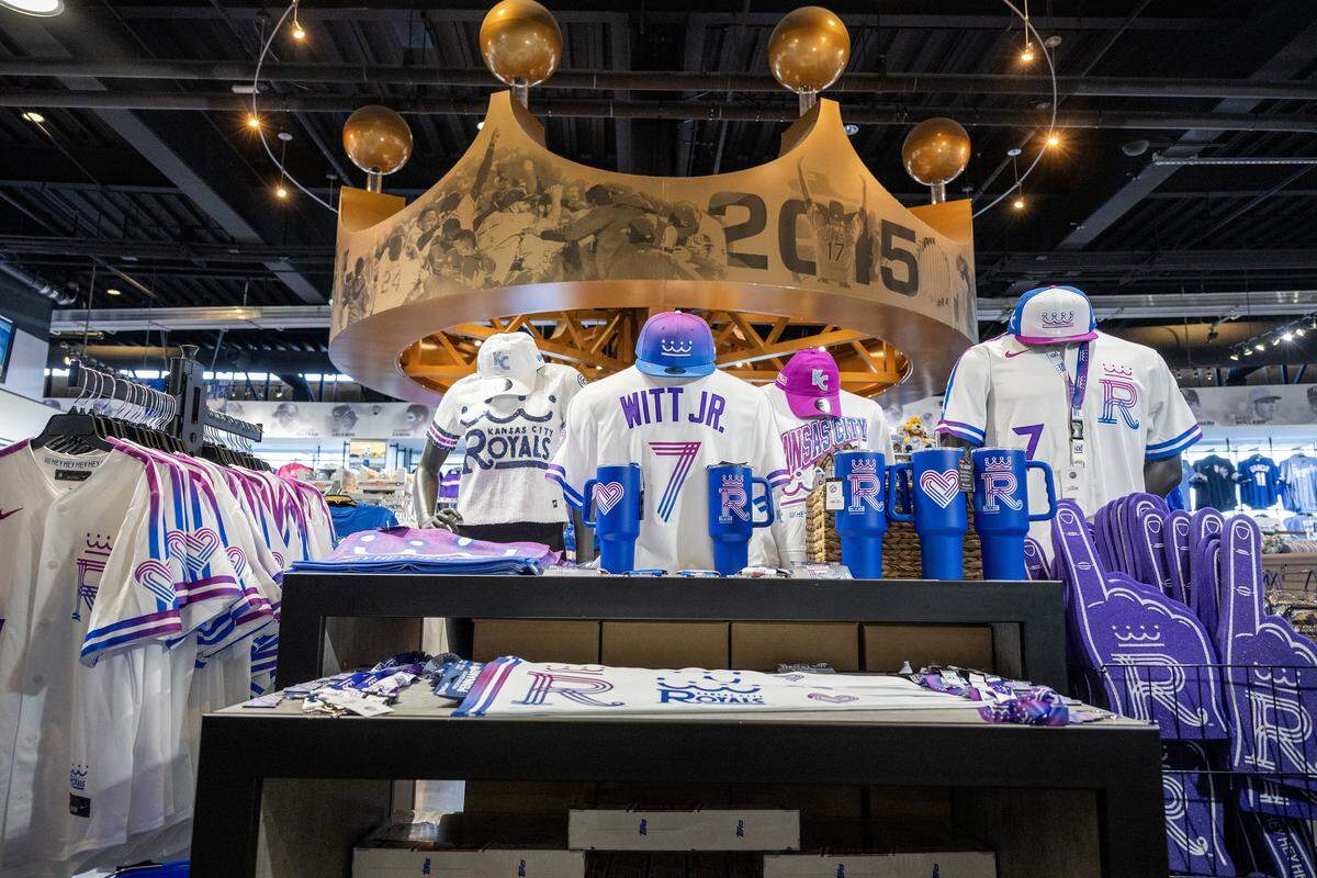 New Kansas City Royals City Connect merchandise is displayed at the Royals Team Store at Kauffman Stadium on Thursday, April 9, 2026, in Kansas City.