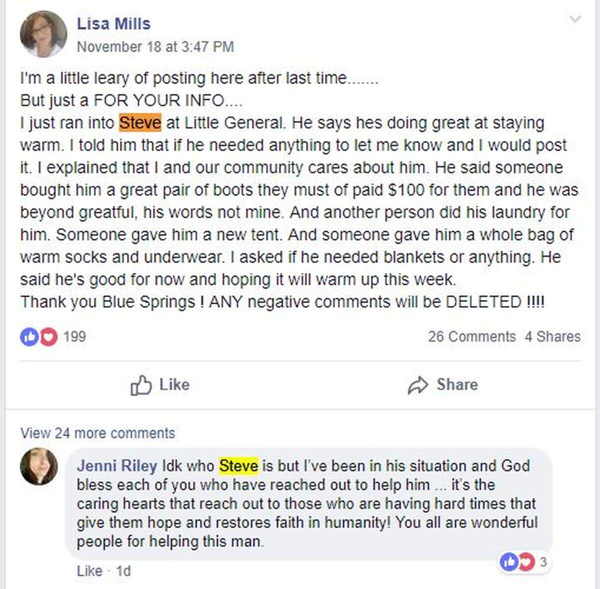 An image of a Facebook post about Steve, who’s benefited from the kindness of strangers.