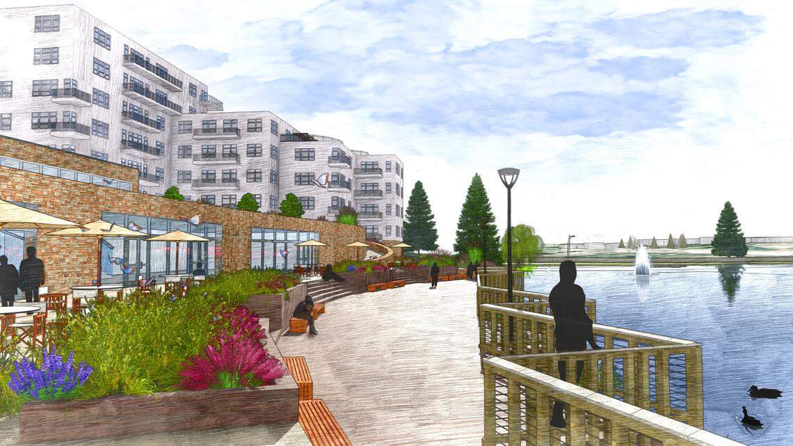 A rendering shows a view of what a lakefront boardwalk outside John Knox Village’s new Country Club Towers may look like.