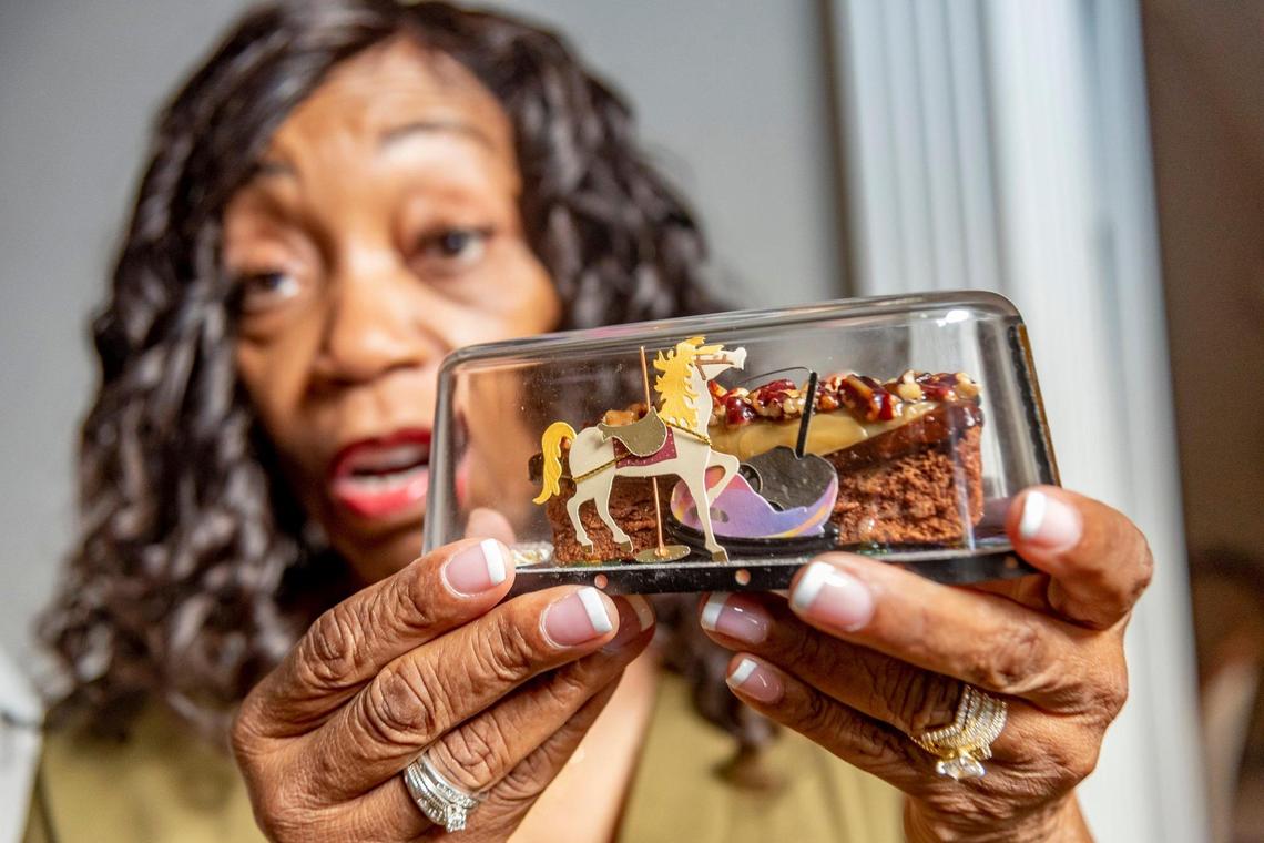 Vanessa Faller created mementos featuring real cake, dried and preserved to serve as a paperweight.