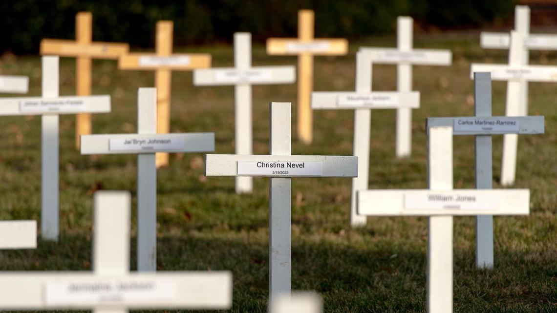 More than 150 crosses were individually marked with the names of this year’s homicide victims on Monday, Dec. 5, 2022, in Independence, Mo.