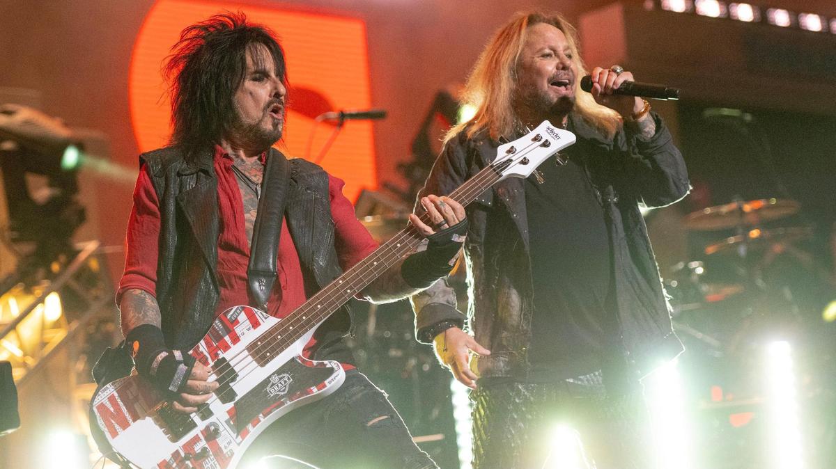 Nikki Sixx, left, and Vince Neil of Mötley Crüe performed after the second and third rounds of the NFL Draft outside of Union Station on Friday.