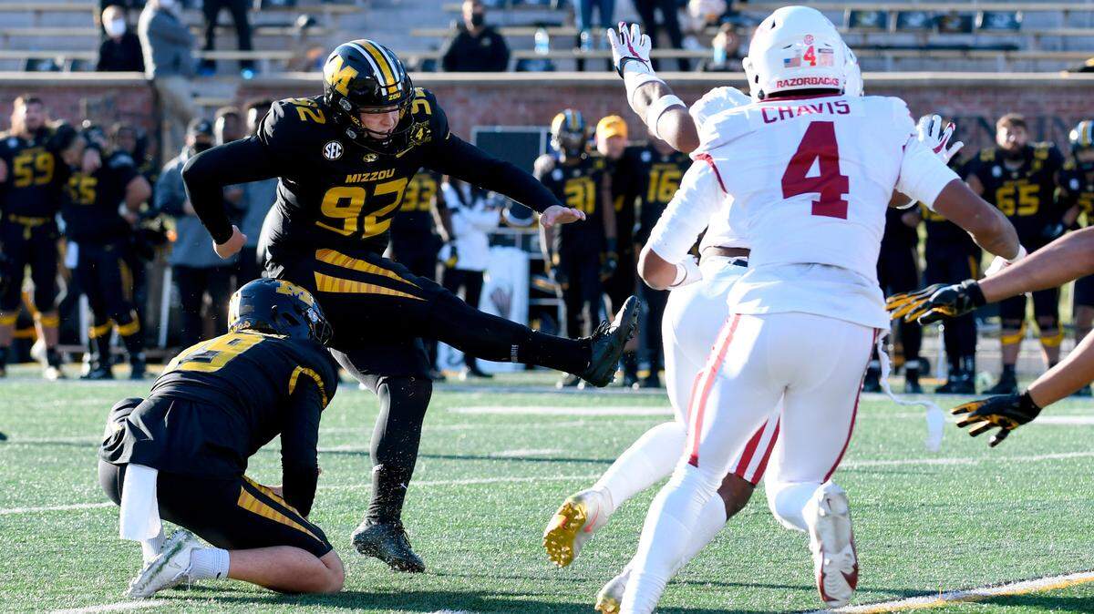 Missouri place kicker Harrison Mevis kicks a 32-yard field goal to defeat Arkansas 50-48 on the final play Saturday, Dec. 5, 2020, in Columbia, Mo.