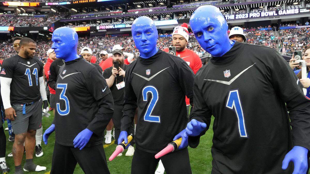 Members of the Blue Man Group during the Pro Bowl Games at Allegiant Stadium in Las Vegas.