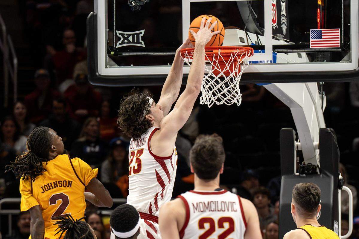 Iowa State Cyclones forward Blake Buchanan (23) makes a basket against Arizona State Sun Devils during the first half of a Big 12 Men's Basketball Tournament game at T-Mobile Center on Wednesday, March 11, 2026, in Kansas City.