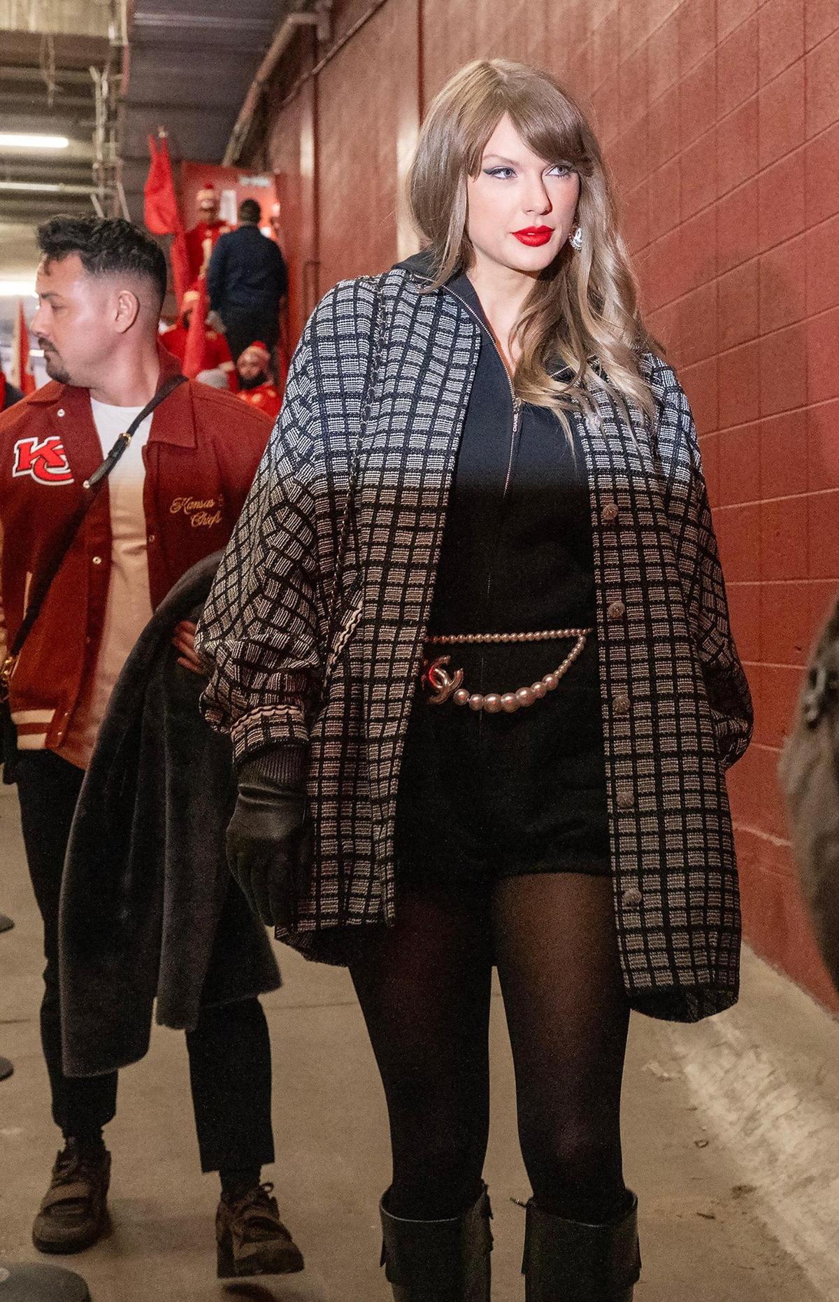 Taylor Swift arrives for the Kansas City Chiefs game against the Houston Texans before the AFC Divisional Round playoff game on Saturday, Jan. 18, 2025, at GEHA Field at Arrowhead Stadium.