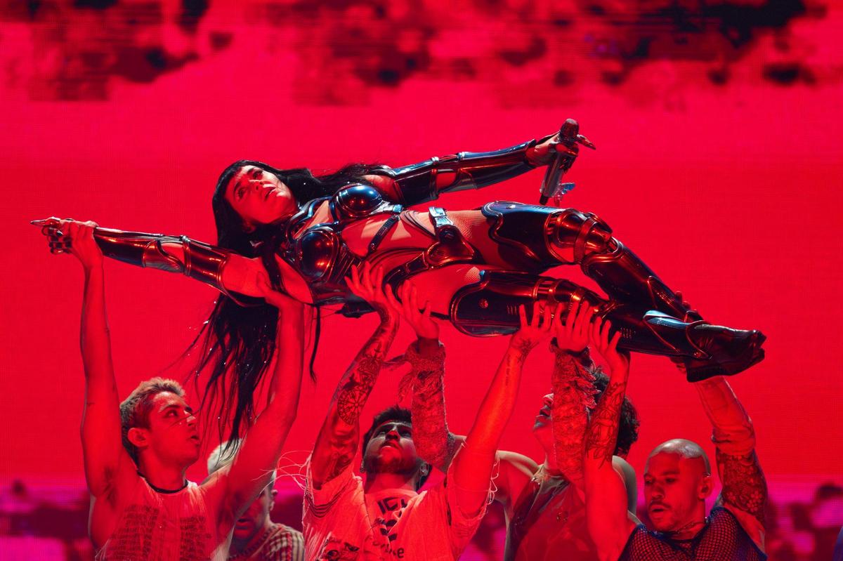 Singer Katy Perry performs the song “Dark Horse” during her Lifetimes Tour at the T-Mobile Center on Saturday, May 10, 2025, in Kansas City.