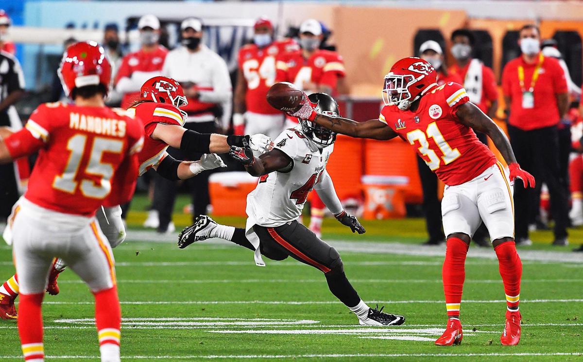 Kansas City Chiefs running back Darrel Williams could not hold onto a second quarter pass from quarterback Patrick Mahomes Sunday, February 7, 2021, at Super Bowl LV at Raymond James Stadium in Tampa, Florida.