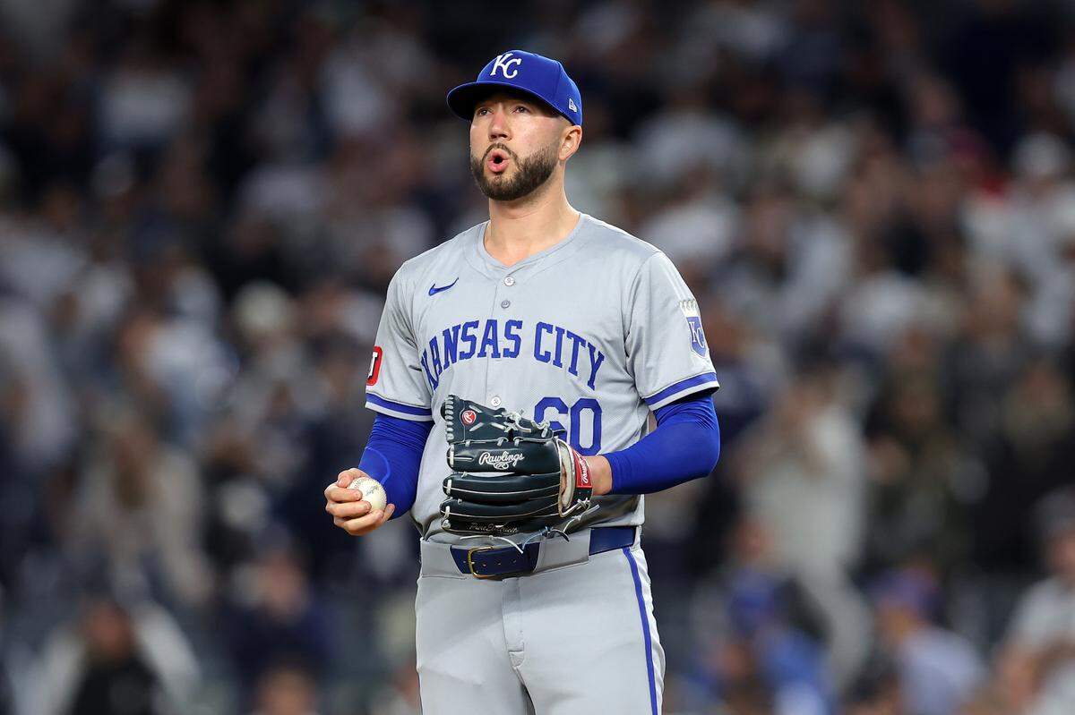 Kansas City Royals pitcher Lucas Erceg (60) reacts after the final out in Game 2 of the ALDS against the New York Yankees at Yankee Stadium on Oct. 7, 2024.