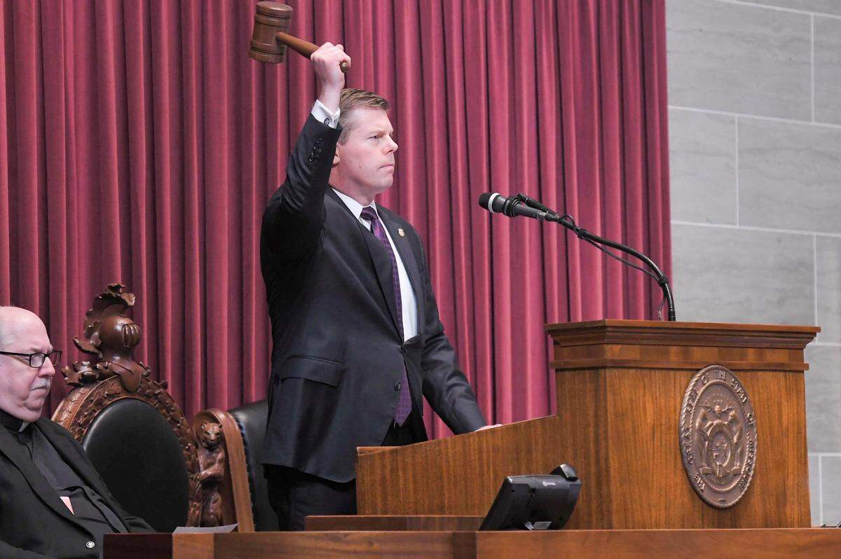Missouri House Speaker Dean Plocher, a St. Louis-area Republican, bangs the gavel on the first day of the 2024 legislative session at the Missouri Capitol.