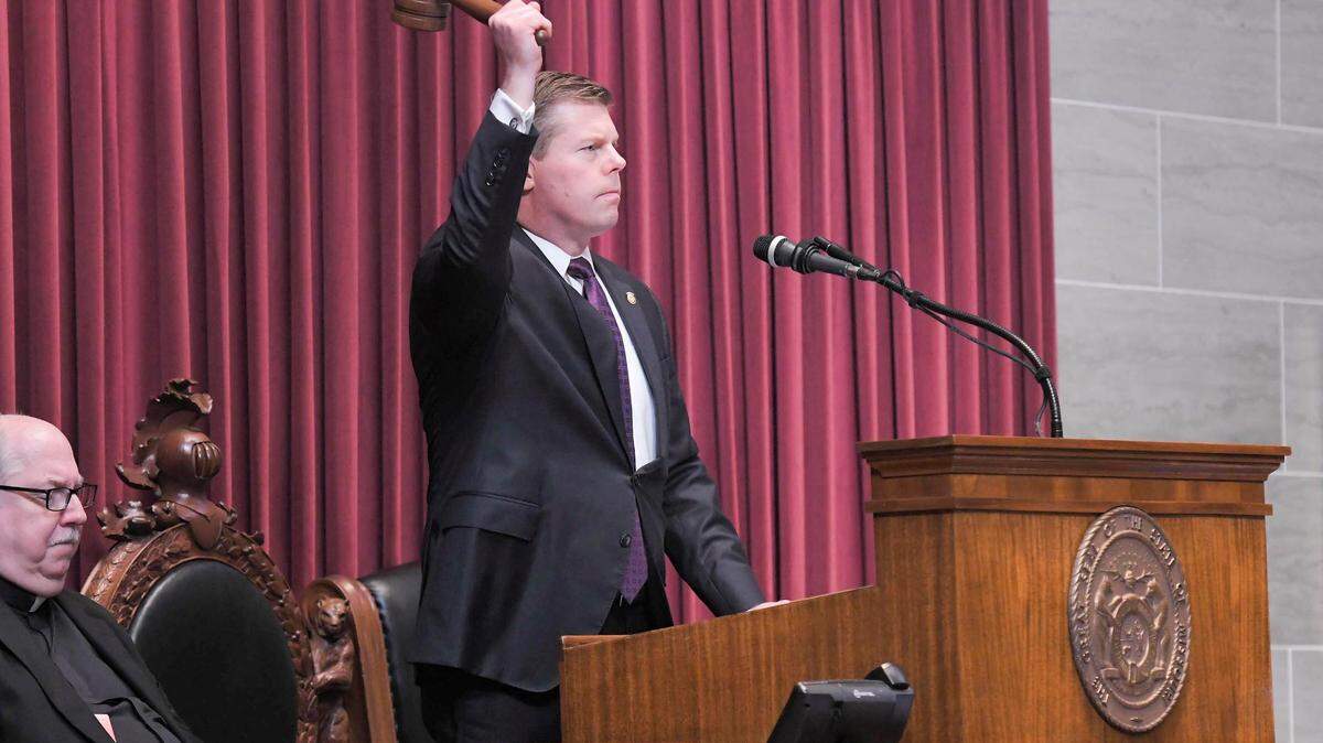 Missouri House Speaker Dean Plocher, a St. Louis-area Republican, bangs the gavel on the first day of the 2024 legislative session at the Missouri Capitol.