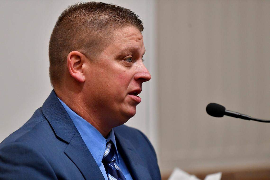 Eric DeValkenaere, a Kansas City police detective, testifies at his trial for the fatal shooting of Cameron Lamb. DeValkenaere was charged with first-degree involuntary manslaughter and armed criminal action.