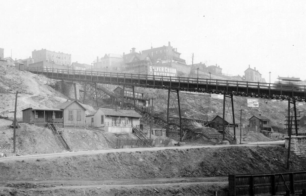 The Ninth Street Incline with staircase leading from Quality Hill down to Bluff Street, 1895.