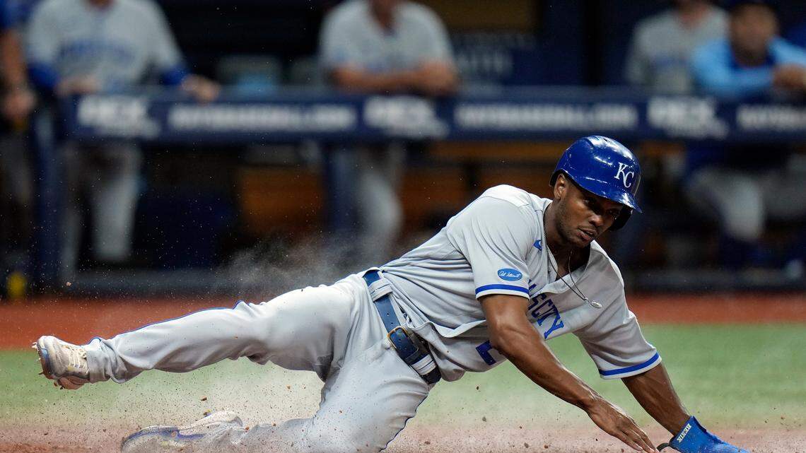 Kansas City Royals’ Michael A. Taylor scores on a sacrifice fly by Michael Massey off Tampa Bay Rays relief pitcher Jalen Beeks during the 10th inning of a baseball game Friday, Aug. 19, 2022, in St. Petersburg, Fla. (AP Photo/Chris O’Meara)