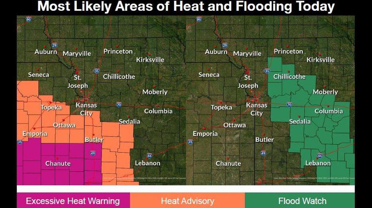 The Kansas City area on Tuesday will be sandwiched between strong storms that will bring heavy rains and flooding east of the metro and dangerous heat south and west of the metro, according to the National Weather Service.