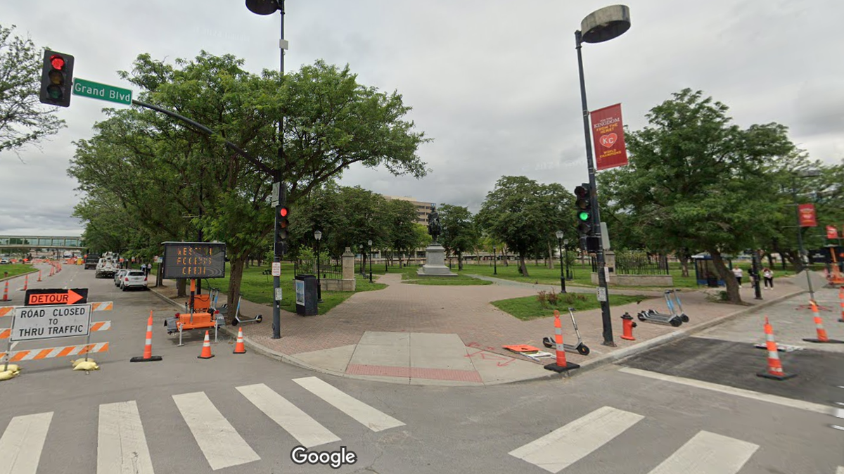 A sculpture of the first president towers over Washington Square Park, shown in this May 2024 Google Streetview capture. This park, nestled between Crown Center and Union Station, is being considered for a possible Royals stadium location.