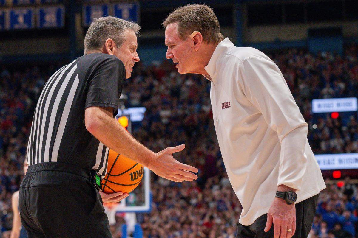 Kansas Jayhawks head coach Bill Self argues a call with referee Doug Sirmons in the second half of the win vs. the Arizona Wildcats on Monday, February 9, 2026, at Allen Fieldhouse.