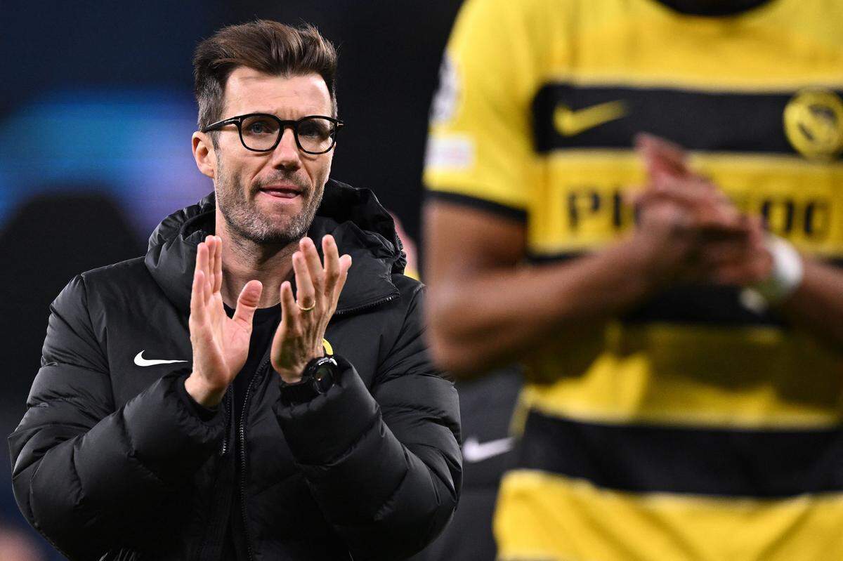 Young Boys coach Raphael Wicky applauds after a match against Manchester City in England on November 7, 2023.