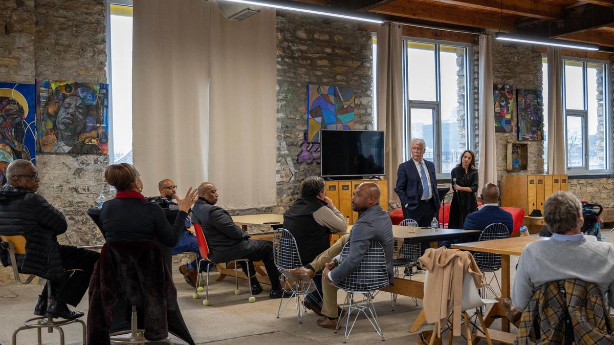 Community members meet at 2000 Vine St. on Tuesday, March 26, 2024, to discuss sales tax for a new downtown ballpark for the Kansas City Royals and renovations for Arrowhead Stadium in Kansas City.