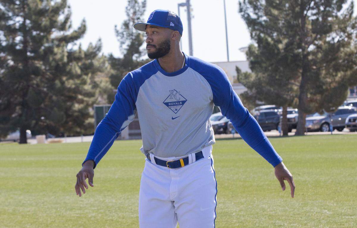 Royals relief pitcher Amir Garrett stretches before throwing a bullpen session on Feb. 23, 2023, in Surprise, Ariz.