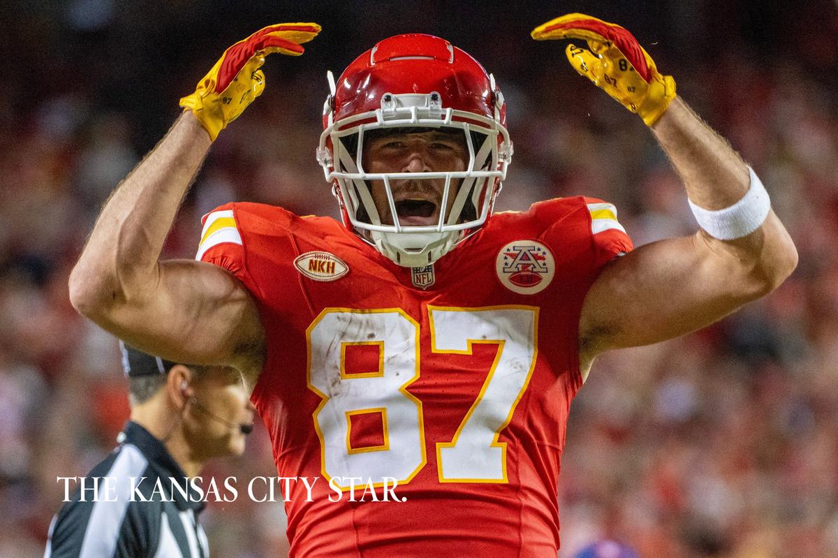 Kansas City Chiefs tight end Travis Kelce (87) cheers after catching a pass in the second quarter during a game against the Denver Broncos at GEHA Field at Arrowhead Stadium on Thursday, Oct. 12, 2023, in Kansas City.