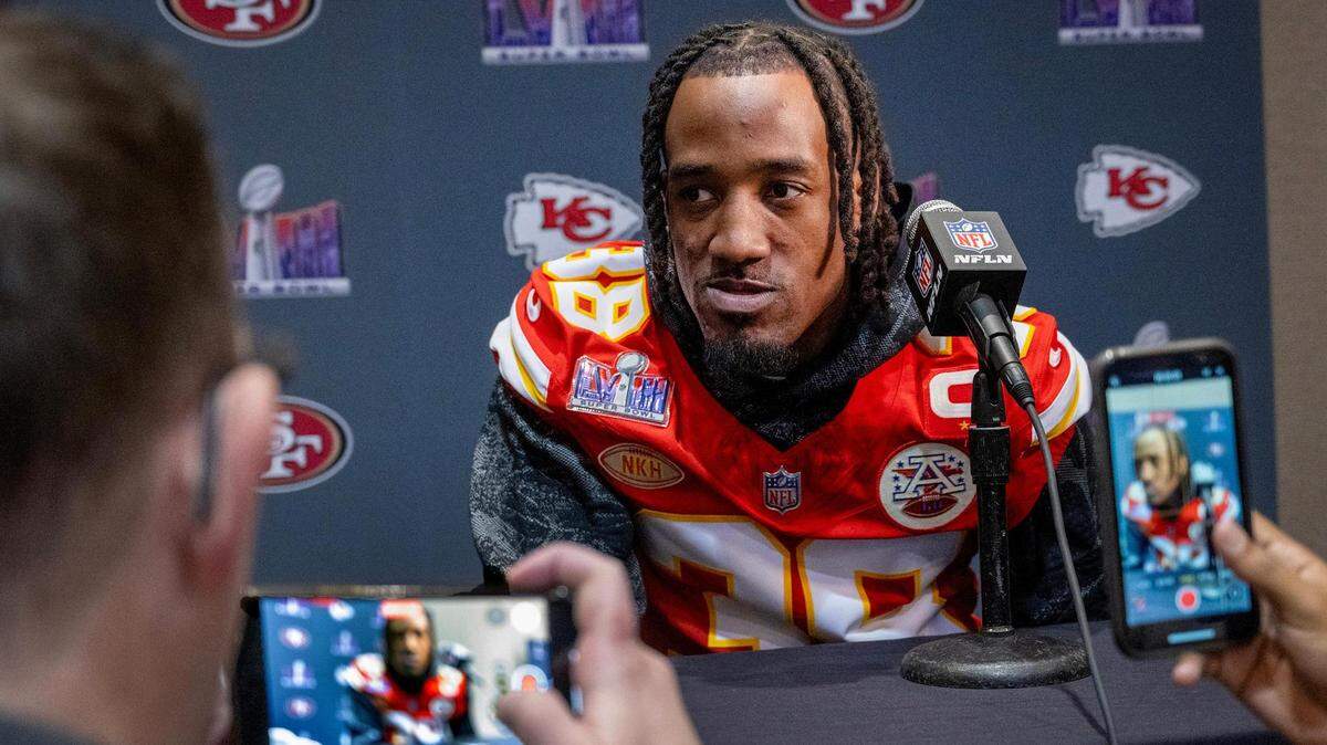 Kansas City Chiefs cornerback L’Jarius Sneed (38) answers questions during media availability at the team hotel in Henderson, Nev., on Thursday, Feb. 8, 2024, before Sunday’s Super Bowl LVIII.