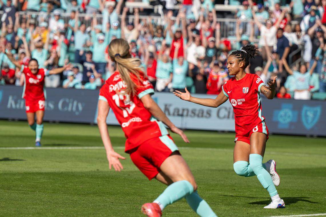 Kansas City Current midfielder Croix Bethune (8) celebrates after scoring a goal in the second half of the Current's match vs. the Utah Royals, on Saturday, March 14, 2026, at the CPKC Stadium. The Current won 2-1 against the Utah Royals.