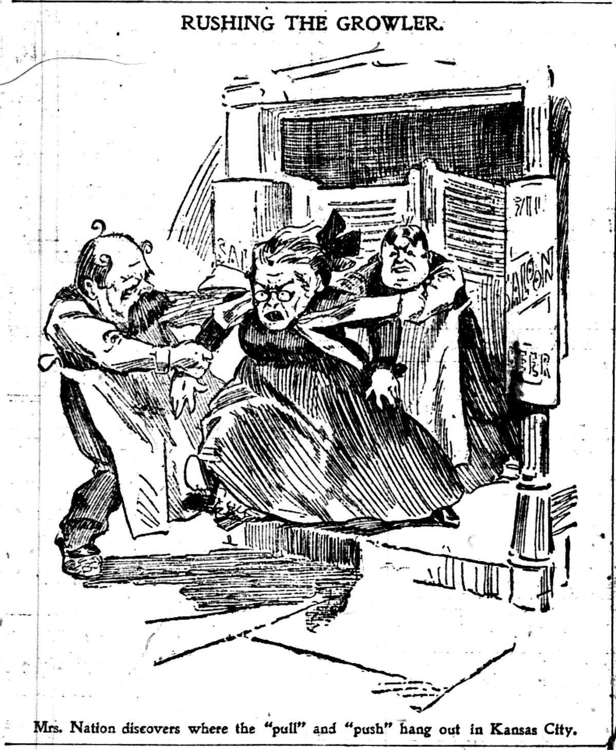Cartoon in the April 14, 1901, edition of the Kansas City Journal, depicting Nation’s removal from a 12th Street saloon.