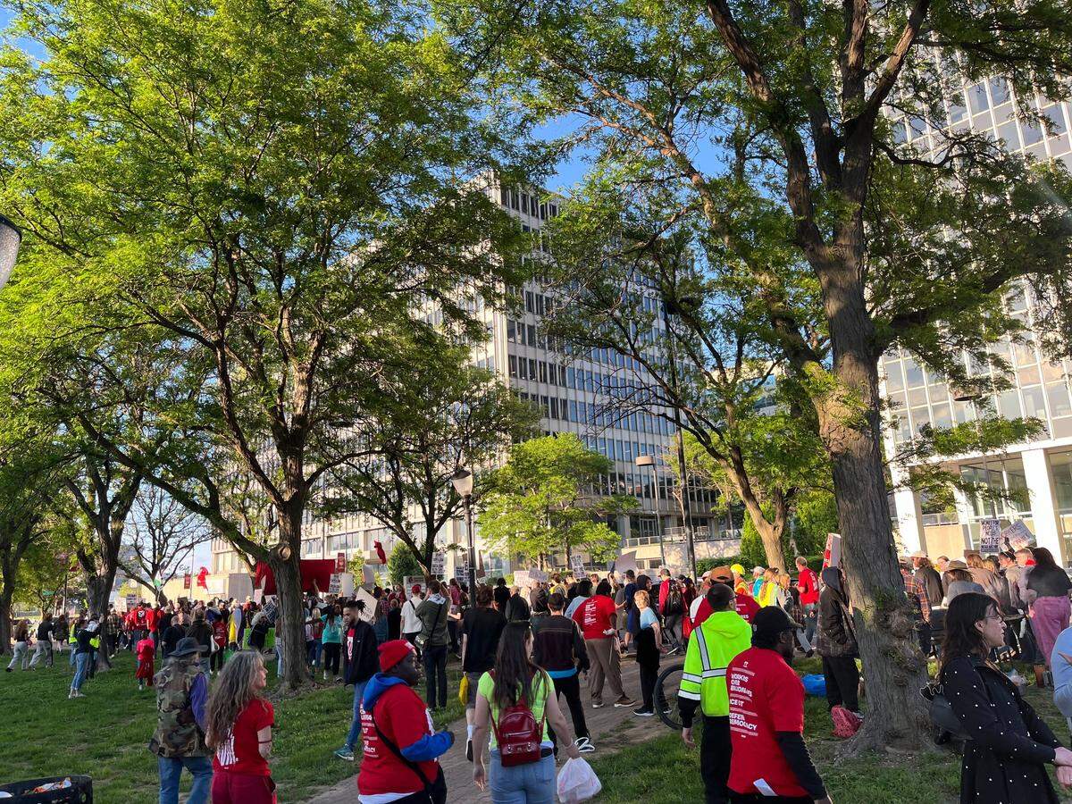 Protesters at a May Day demonstration marched away from Washington Square Park on Friday, May 1, 2026, in Kansas City.