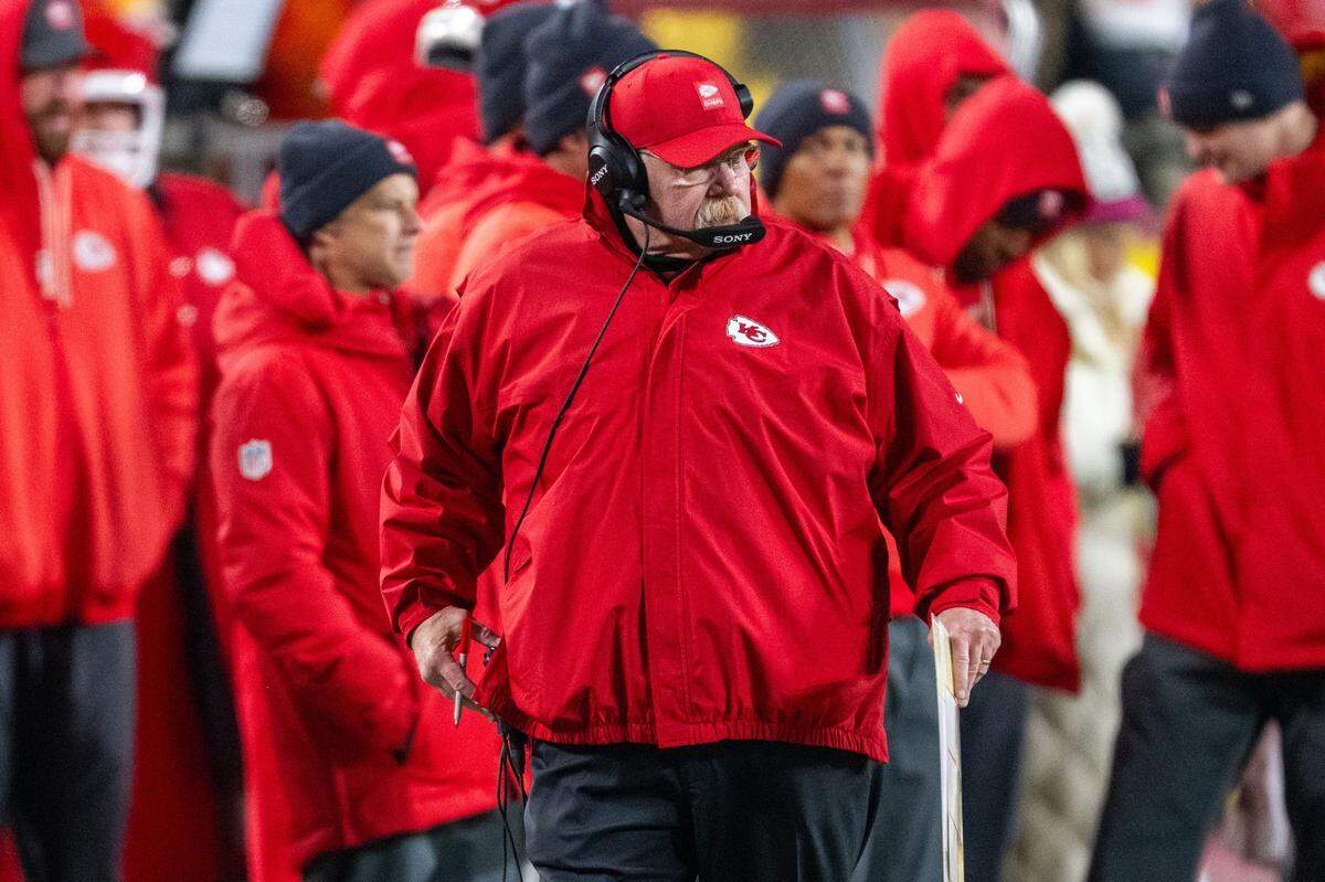 Kansas City Chiefs head coach Andy Reid watches his team in the second half against the Houston Texans on Sunday, December 7, 2025, at GEHA Field at Arrowhead Stadium.