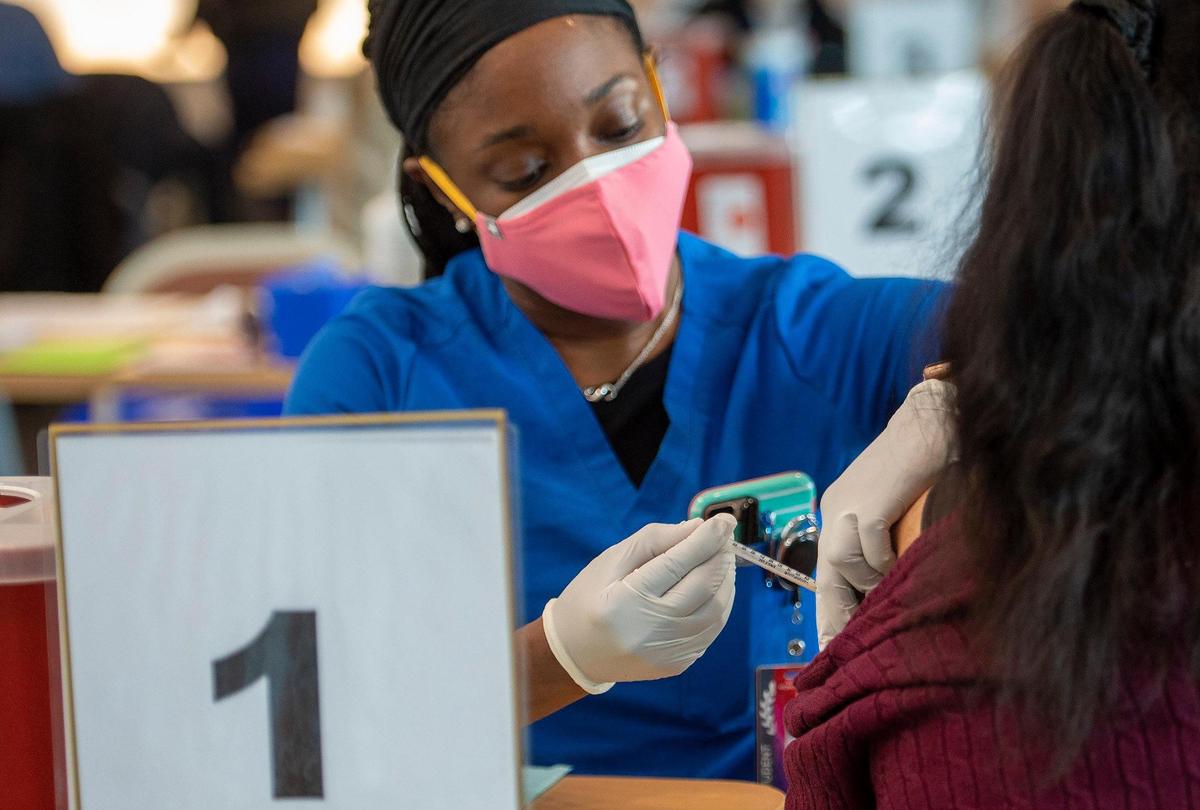 Kansas City University medical student Alexis Joye-King administered a second dose of the Pfizer COVID-19 vaccine on Friday, Feb. 11, 2021, during a vaccination clinic held for people who pre-registered with the Kansas City Health Department. Medical students were staffing the clinic on campus which hoped to administer 300 vaccinations for the health department. To date, medical students from the KCU campuses in Kansas City and Joplin have vaccinated over 8,000 people.