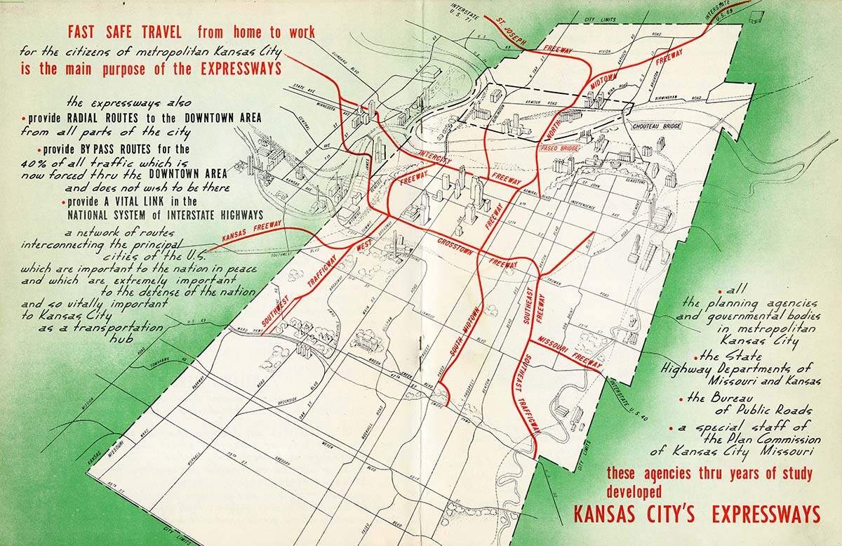 City planners promoted the new expressway system with colorful handouts, showcasing its potential benefits and highlighting proposed routes.