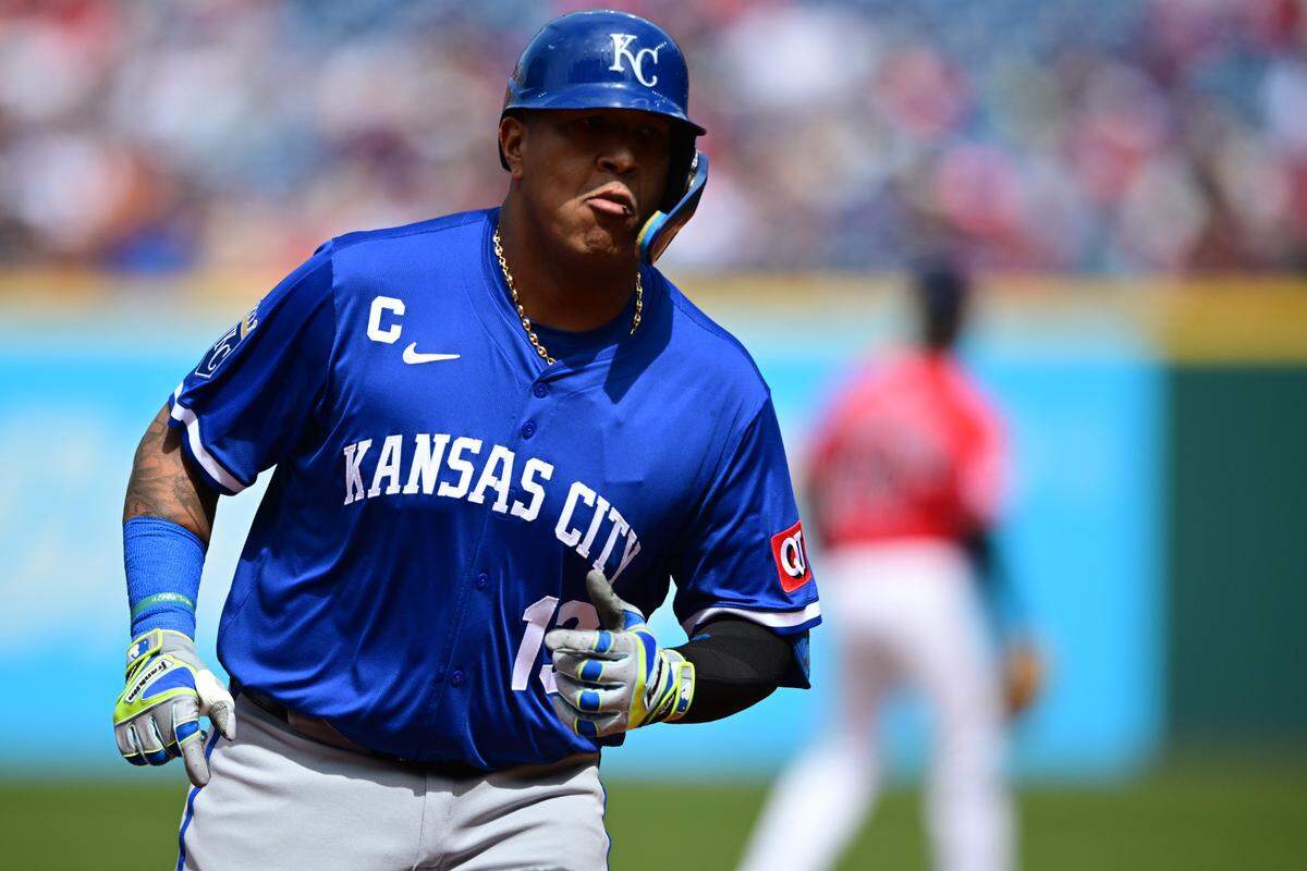Kansas City Royals designated hitter Salvador Perez runs the bases after hitting a two-run home run off Guardians starting pitcher Ben Lively during a Sunday, April 13, 2025 Major League Baseball game at Progressive Field in Cleveland.