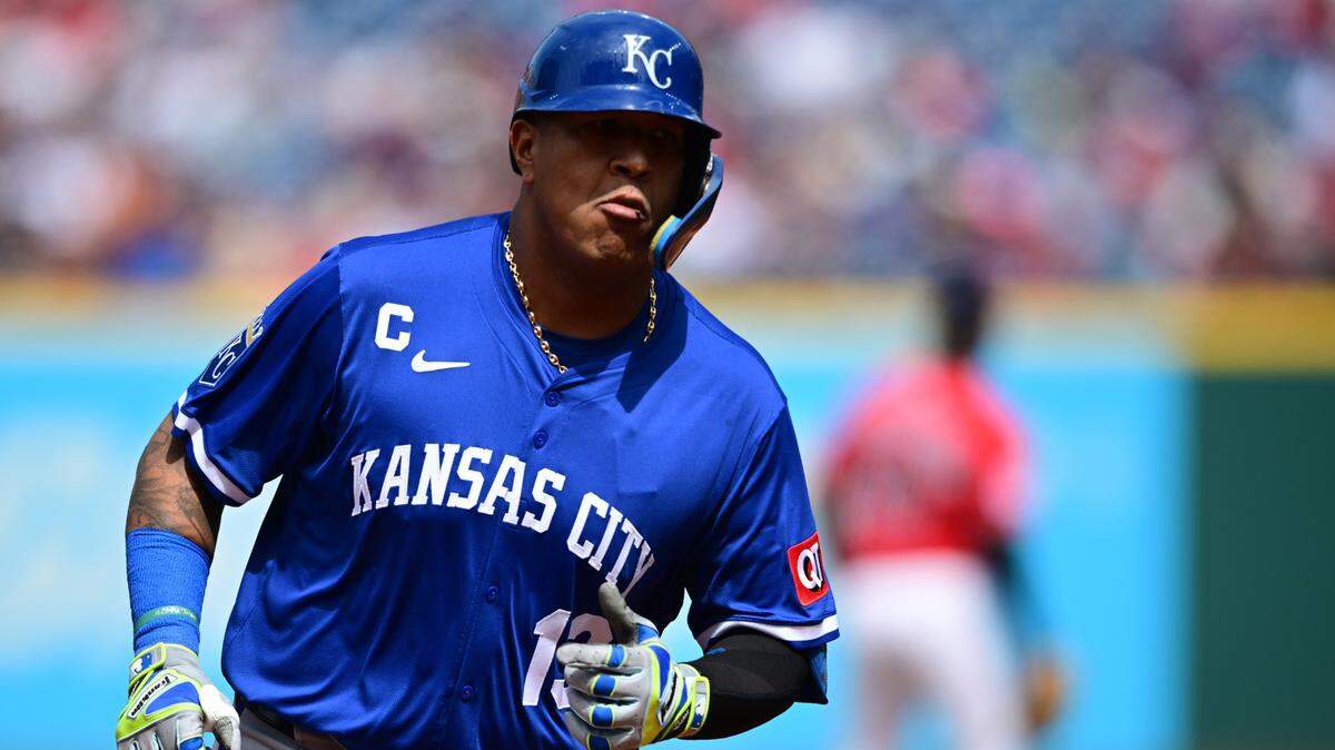 Kansas City Royals designated hitter Salvador Perez runs the bases after hitting a two-run home run off Guardians starting pitcher Ben Lively during a Sunday, April 13, 2025 Major League Baseball game at Progressive Field in Cleveland.