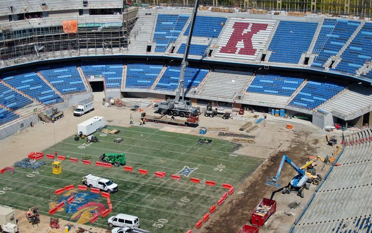 As part of the renovations, new stadium seating at David Booth Kansas Memorial Stadium at KU in Lawrence features the “K Flag” design in the north bowl of the stadium, which was recently installed by Irwin Seating Company of Grand Rapids, Michigan. Seat backs will be installed on all north and west side seats for improved comfort for fans and the renovated sections have 50 percent increase in per-seat area and legroom.