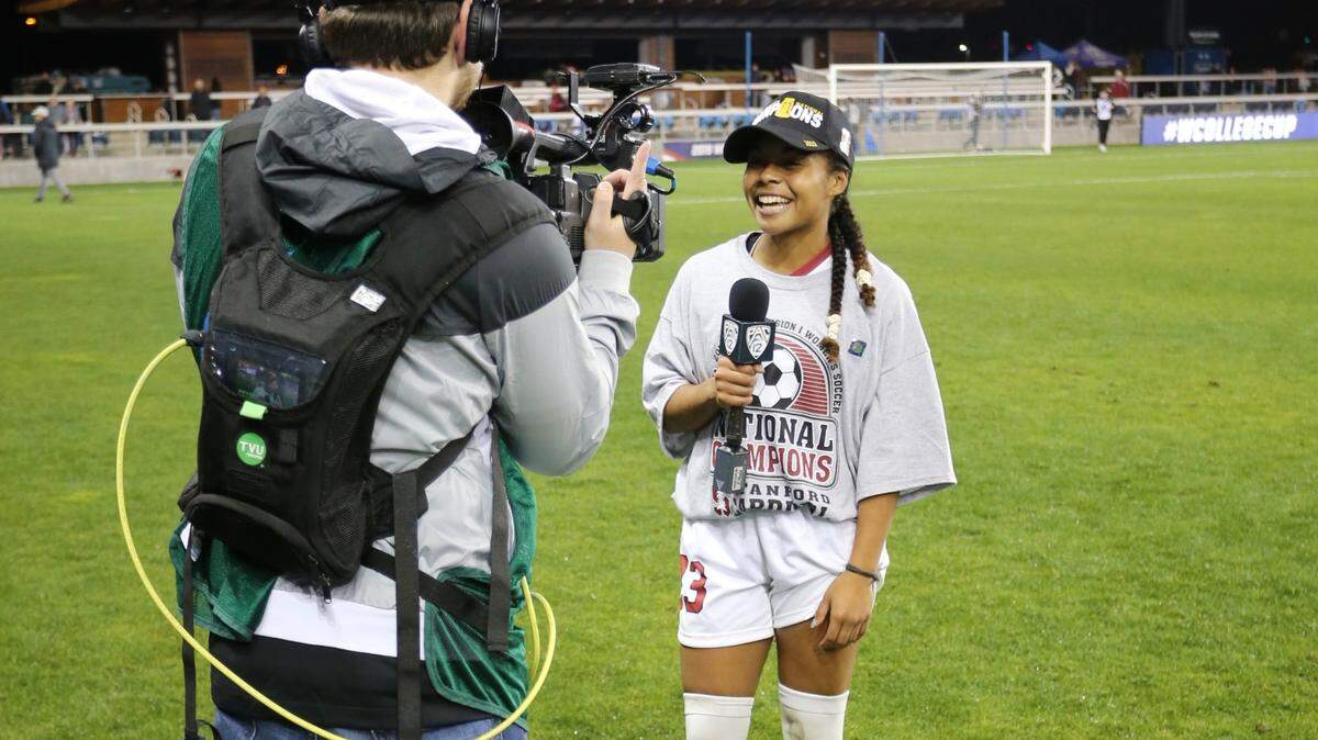 Stanford star Kiki Pickett and the Cardinal women’s soccer team won the NCAA tournament championship in fall 2019. Afterward, Pickett was interviewed live on the field.