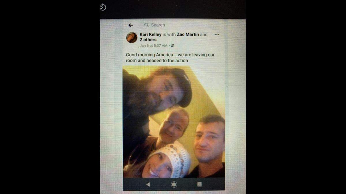 Federal court documents say this is a photo of three Springfield men — Zachary Martin and brothers Michael and Stephen Quick — and Martin’s friend from Alabama, Kari Kelley, on the morning of January 6, 2021. The documents say Kelley posted the photograph at 5:37 a.m. on Facebook, tagging each defendant as present.