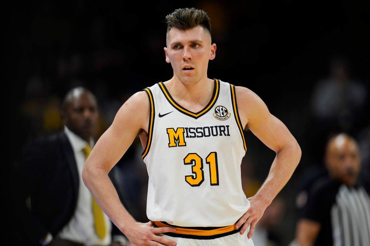 Missouri Tigers guard Caleb Grill (31) reacts during the second half against the Oklahoma Sooners at Mizzou Arena on Feb. 12, 2025.