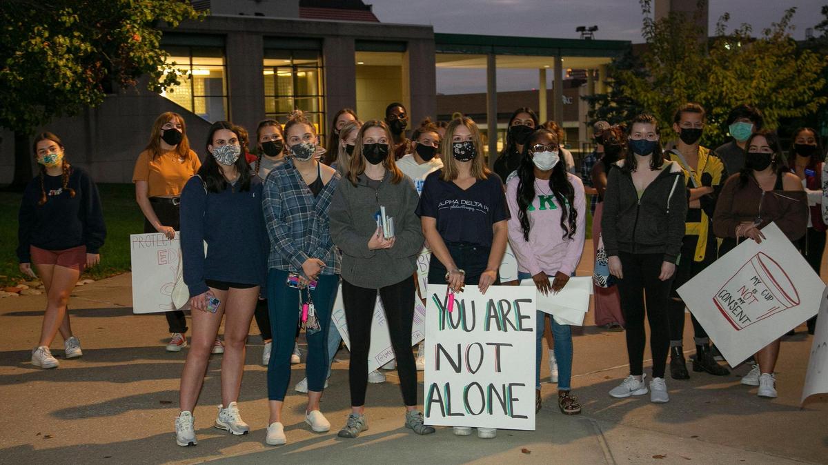 UMKC students protested the “rape culture” of some college fraternities Tuesday, October 5, 2021 on the UMKC campus.