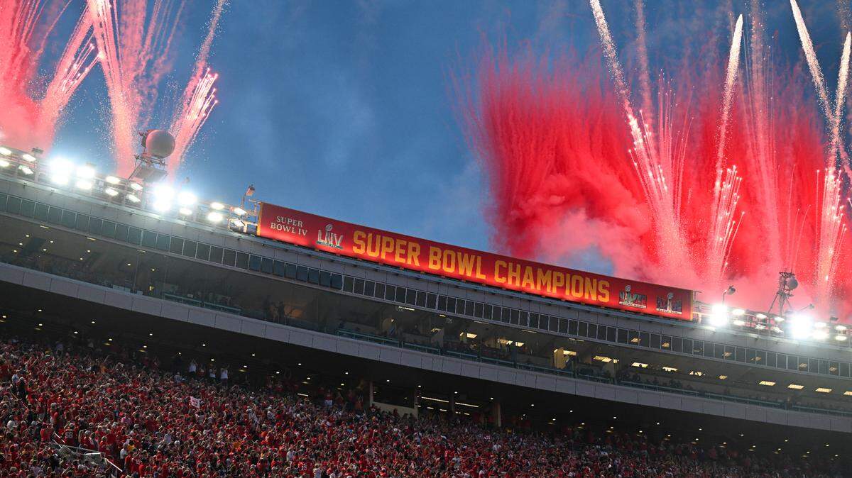 Fireworks go off around the new Super Bowl banner on Sept. 5, 2024, at GEHA Field at Arrowhead Stadium. The banner recognizes all four of the Kansas City Chiefs’ championships.