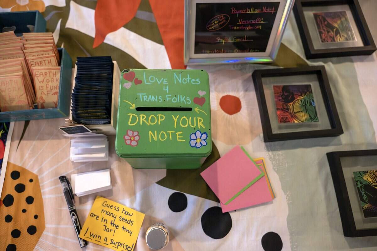 A box for collecting messages sits on a table during a Trans Day of Remembrance event at Spirit of Hope MCC on Tuesday, March 31, 2026, in Kansas City.