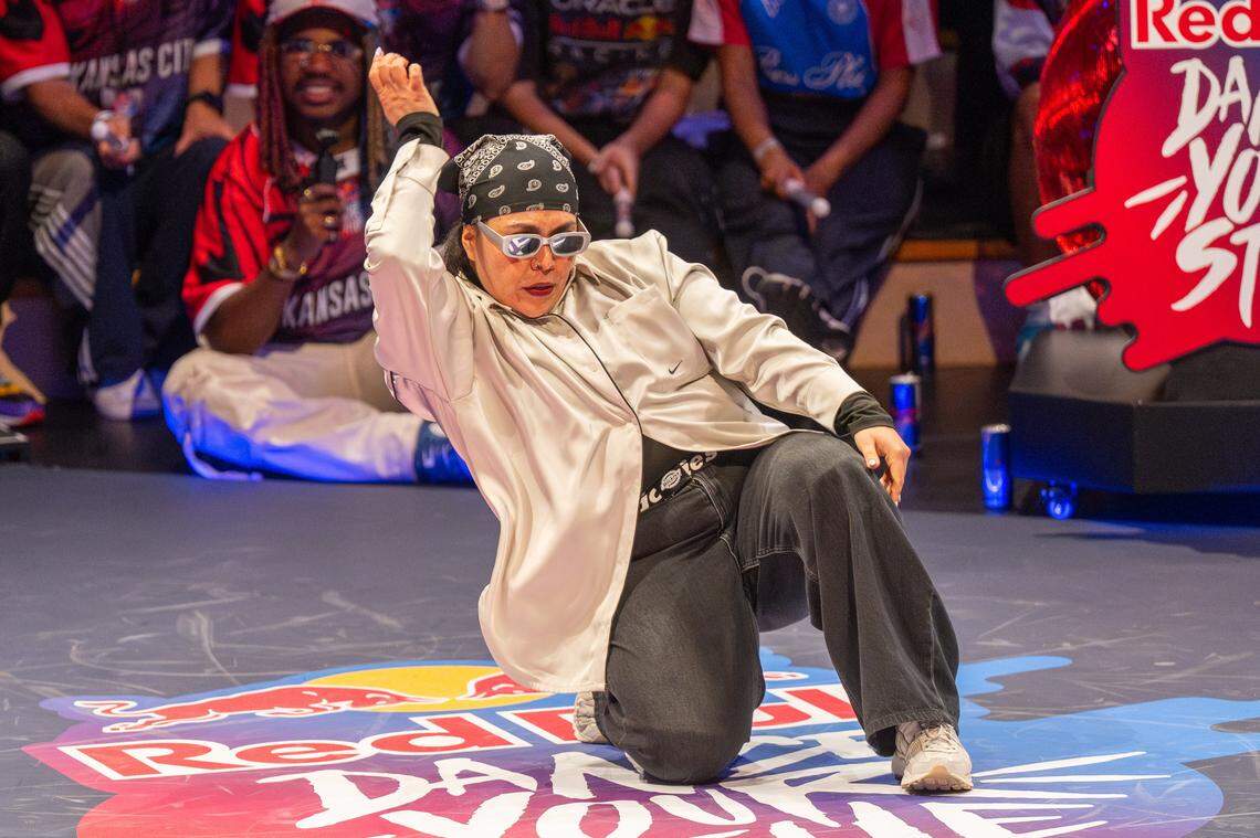 Zuce Morales slides across the floor in the second round of the Red Bull Dance Your Style Midwest Regional Qualifier, on Saturday, April 25, 2026, at the Kauffman Center for the Performing Arts.