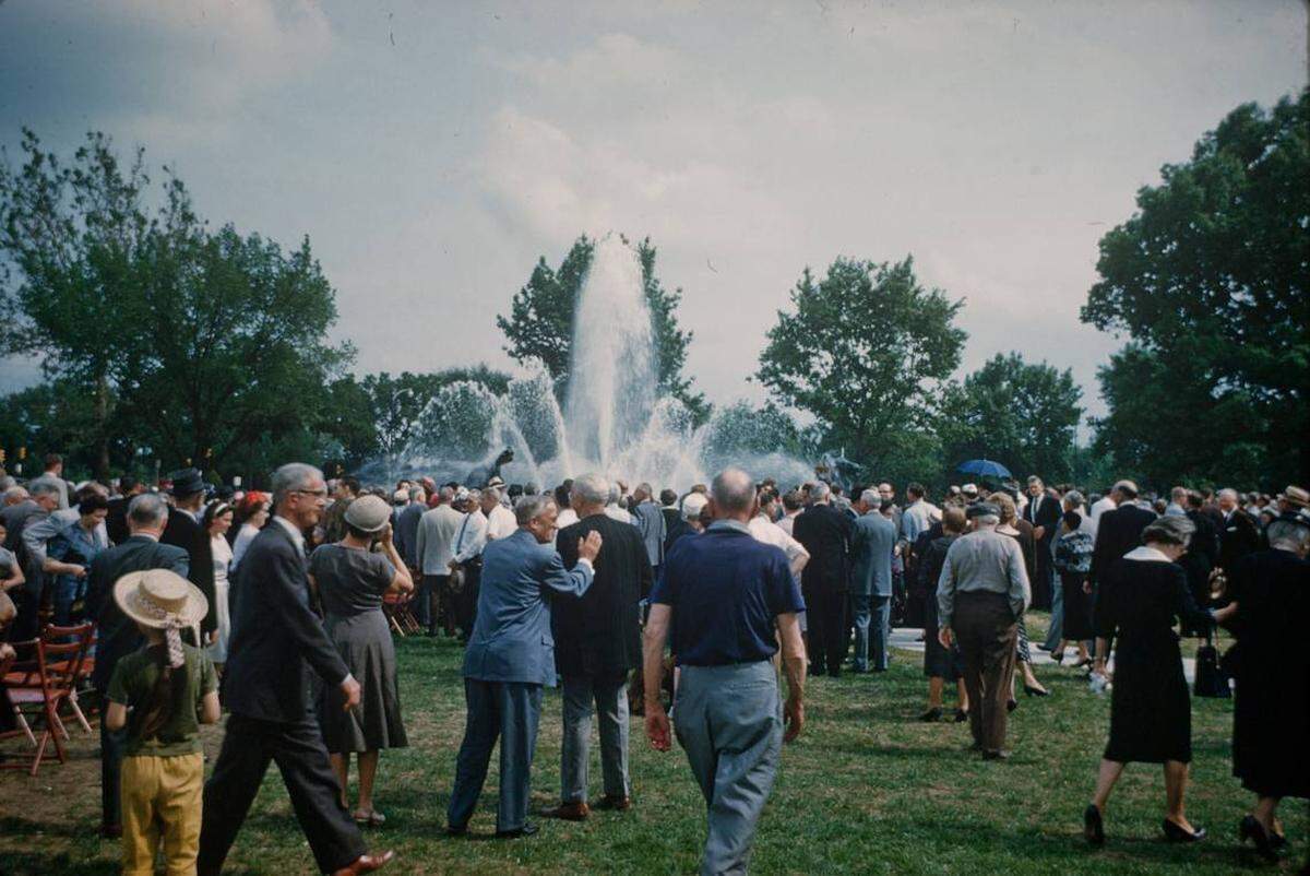 Throngs turned out in 1960 for the dedication of the Mill Creek Park Fountain, then know as the J.C. Nichols Memorial Fountain. It is located on the east side of the Country Club Plaza.