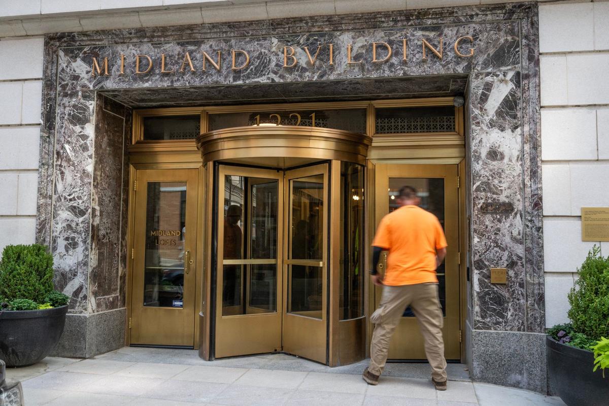 The main entrance to the Midland Lofts is seen on Thursday, Sept. 5, in Kansas City.