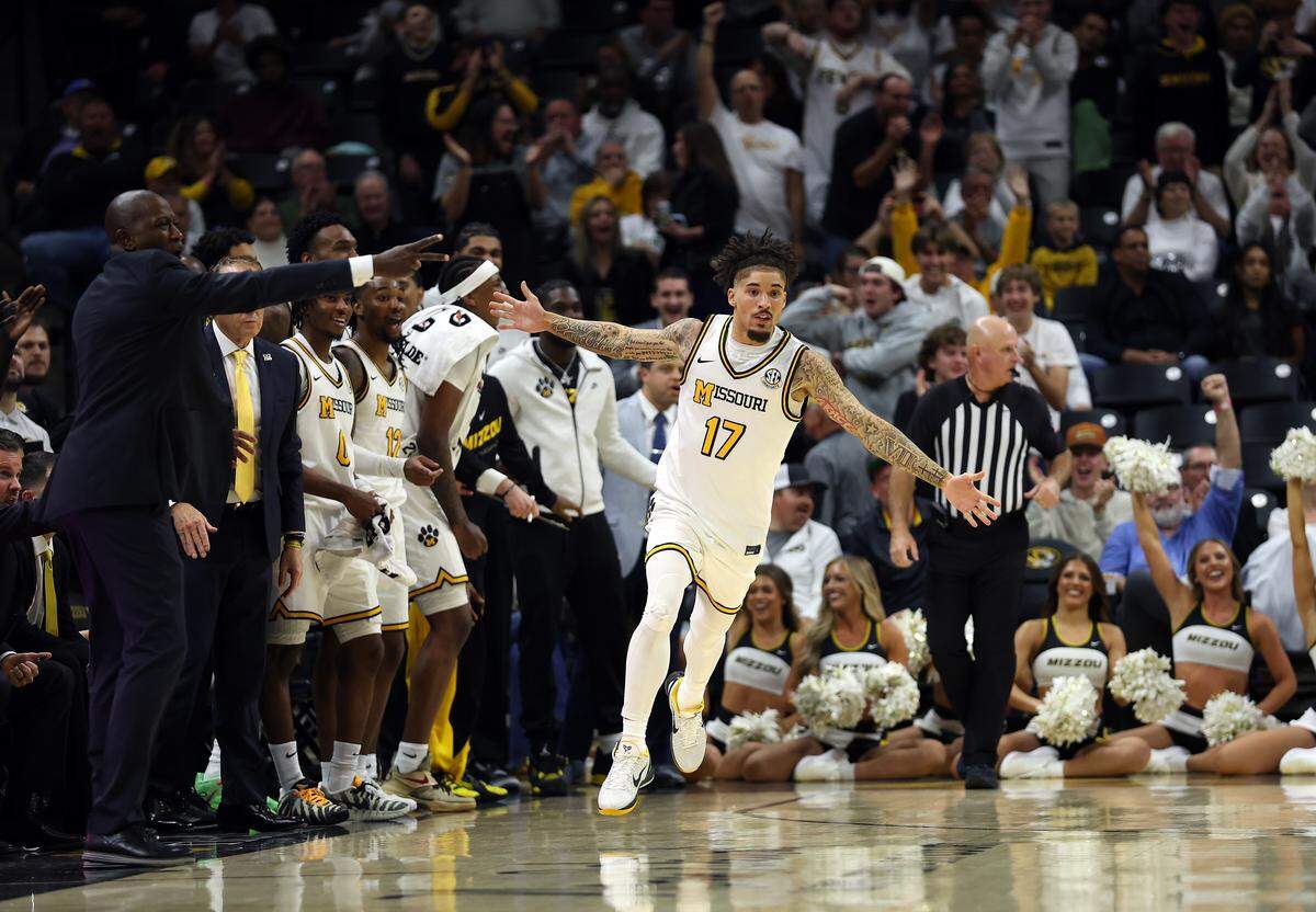 Jayden Stone #17 of the Missouri Tigers reacts after making a 3-pointer during the game against the Minnesota Golden Gophers at Mizzou Arena on November 12, 2025 in Columbia.