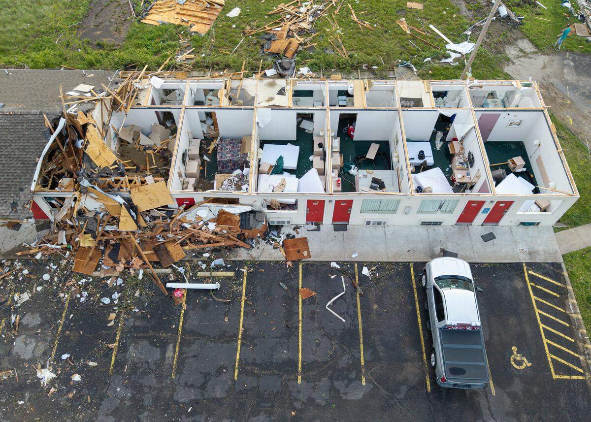Damage was visible at the Knights Inn, 1641 S. Main St., on Tuesday, April 14, 2026, in Ottawa, Kansas, after a tornado moved through the town Monday night.