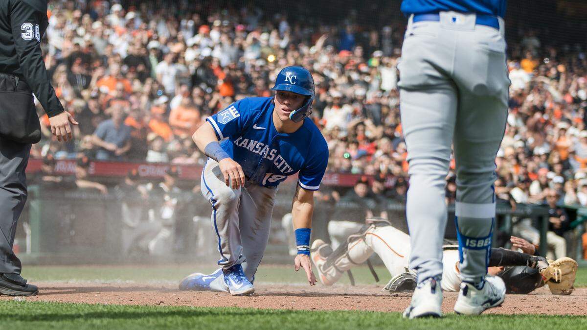 Kansas City Royals second baseman Nate Eaton (18) scores after a wild pitch by San Francisco Giants relief pitcher Camilo Doval (75) during the ninth inning at Oracle Park on April 8, 2023.