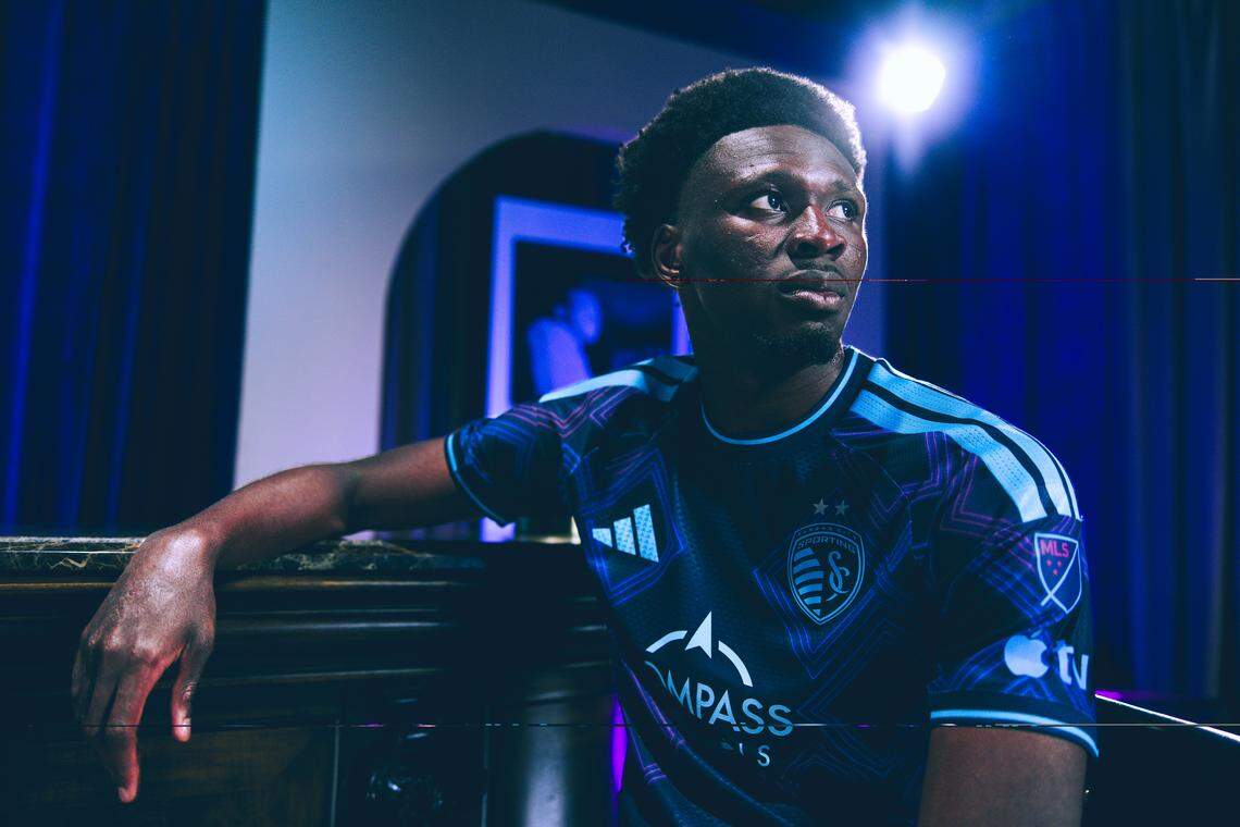 Sporting KC player Stephen Afrifa models the club’s “18th & Vine” alternate jersey for the 2026 Major League Soccer season.