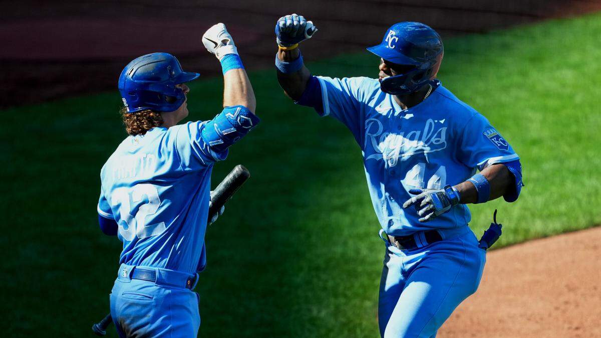 Royals center fielder Dairon Blanco, right, celebrates with first baseman Nick Pratto after hitting a home run against the New York Yankees on Sunday at Kauffman Stadium.
